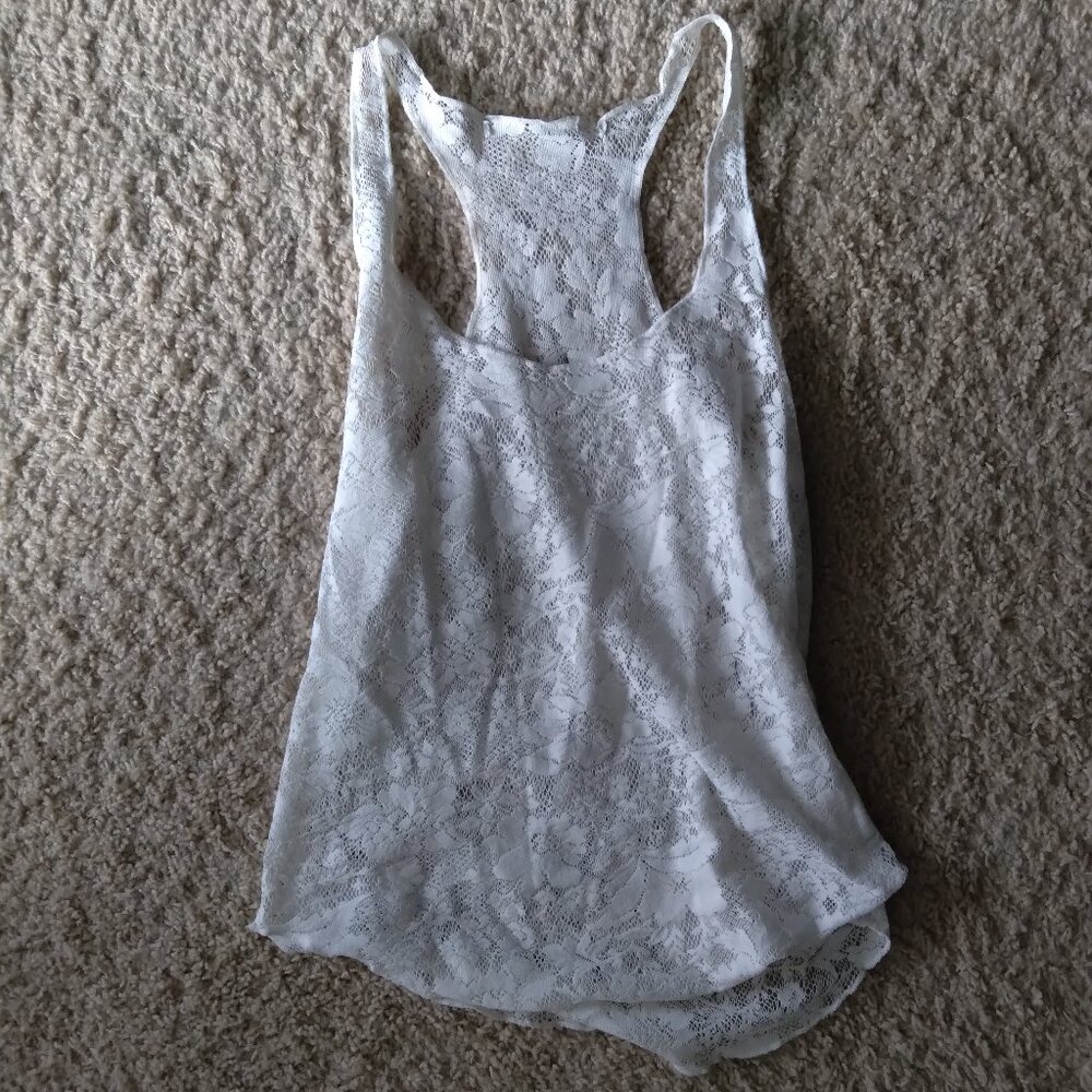 Ivory Colored Racer Back Sheer Floral Lace Tank Top Size Small
